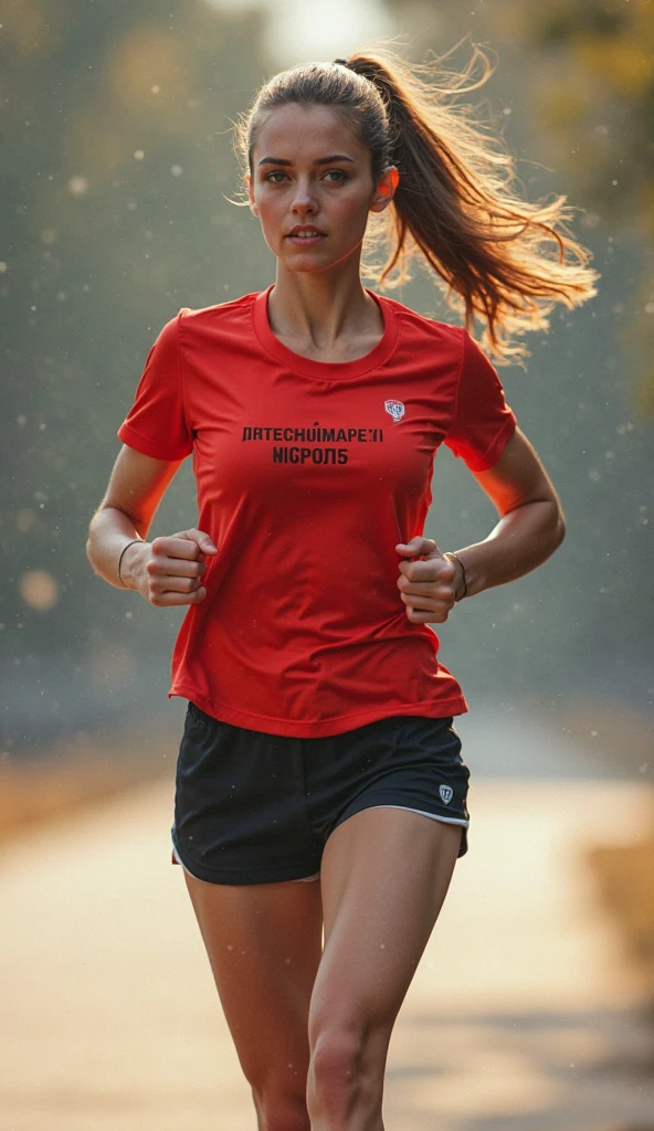 Teenager girl, age 16, light brown hair in a ponytail. Red shirt, running shorts, running shoes
