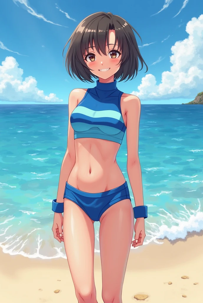 highest quality、Realistic、female、zoom、Chestnut Hair、Turquoise Eyes、Long Hair、athlete、muscle、Swimwear、smile、Ocean、Looking down、、Bust Shot、