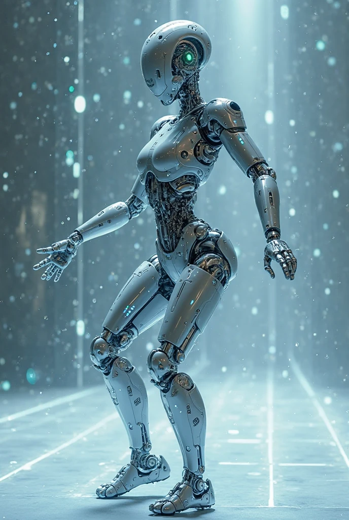 realistic detailed 8k high quality photorealistic portrait of a technologically advanced female android or cyborg with a graceful, glamorous physique, long legs, and a glass-like transparent skin revealing inner electronic systems and glowing tubing, 20 years old, with long wet messy gray long bob haircut, double eyelids, large eyes, glowing LED lights, seamlessly integrated organic and mechanical elements, breathtakingly beautiful humanoid cyborg android, in a neon background with white and transparent colors, in a fetal-like pose underwater with large bubbles, advanced cybernetic implants,
