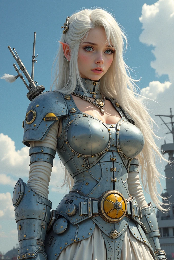 A Helder Arte desenho AI da SeaArt, that AI artistic creativity in an easy and uncomplicated way, Beautiful and ornamental hat, corpo inteiro, vestido lindo e decotado, corpo escultural, mecha de metal, desgastado,