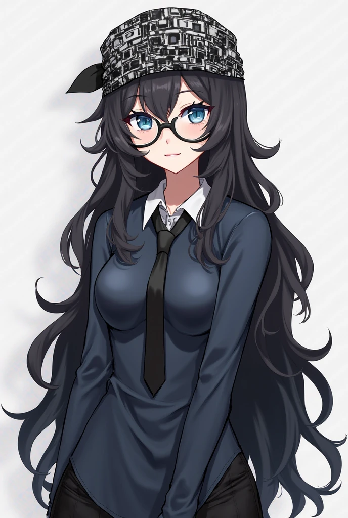 masterpiece, best quality, 1girl, solo, vanwinkle, standing,  female focus, blue eyes, messy hair, suit, glasses, necktie, big breasts, teeth, [[closed mouth]], formal, smile, simple background, pants, ((arms behind back), looking at viewer, indoors, standing, closeup,  boob window, large breasts, face focus, closeup shot, black tuxedo suit