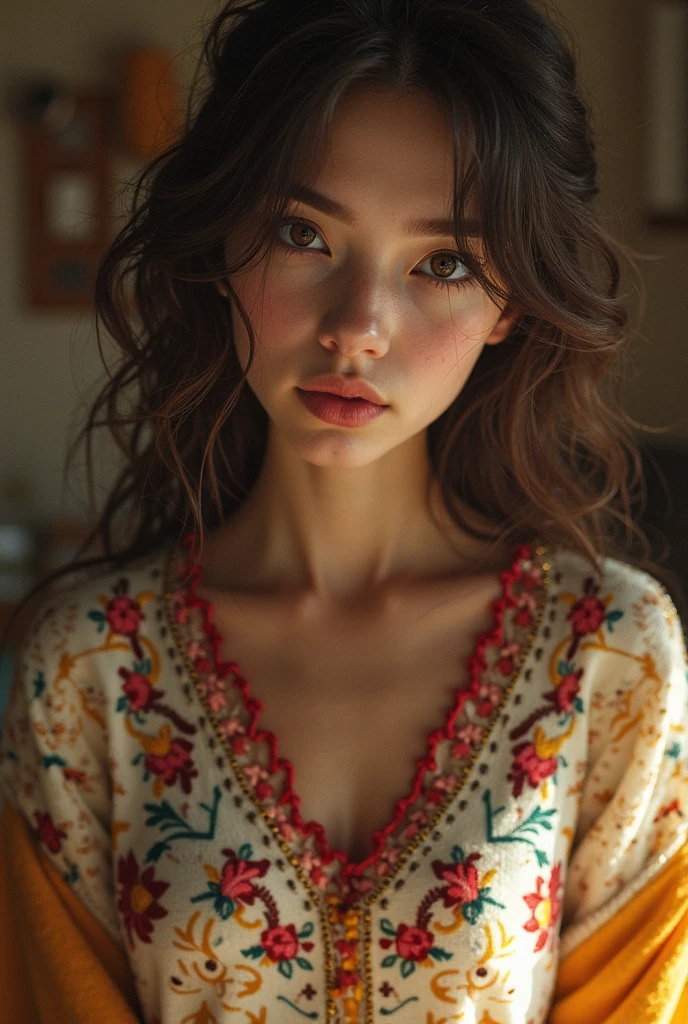 Beautiful white skin coloured woman with bobcut in black hairs wearing indian kurti with big boobs