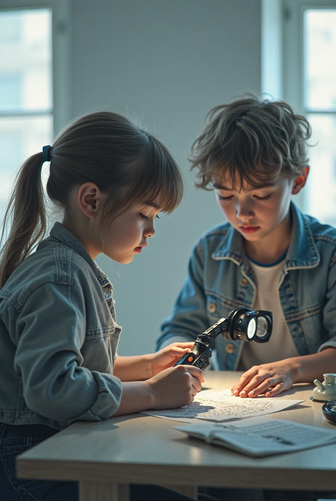 (photorealism:1.2), boy and girl, both , Brown hair, brown eyes, health detectives, both with brown jacket, each with a magnifying glass in hand, looking for clues to decipher secrets