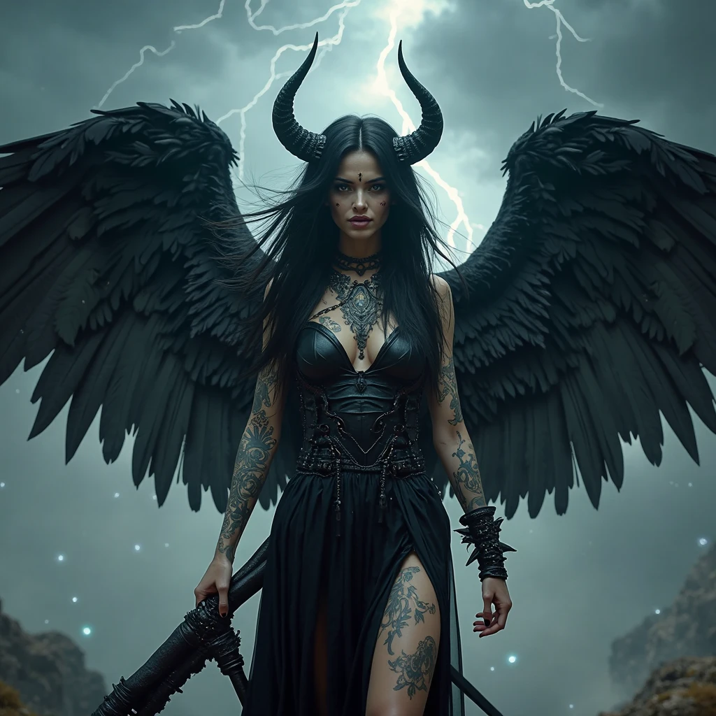 1 female demon, Japanese, Asian eyes, horned, ultra-detailed face and eyes, hyper-realistic, realistic depiction, 30 years old, wearing a long black dress, she is walking through hell, winged demons can be seen behind her, full body view