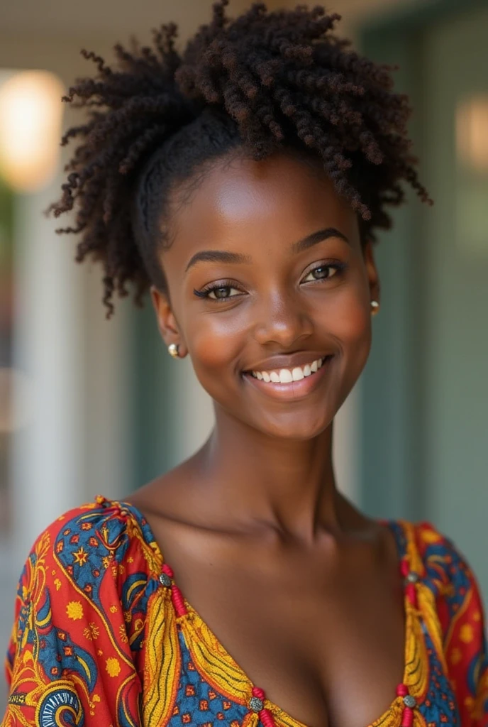 A African Girl of mixed white and black ethnicity, A warm and soft moon night image, room with soft, golden lighting, featuring a portrait-style setting, where which shows through in her honey brown skin tone, in her mid-20's, with a slim, athletic body build, heart-shaped face, adorned with dark brown peppered with blonde highlights, shoulder-length hair and subtle, warm undertones to her smooth, almond-colored skin, her eyebrows gently furrowed, and her full lips curled up into a gentle, reassuring smile, conveying a sense of calm and trustworthiness.