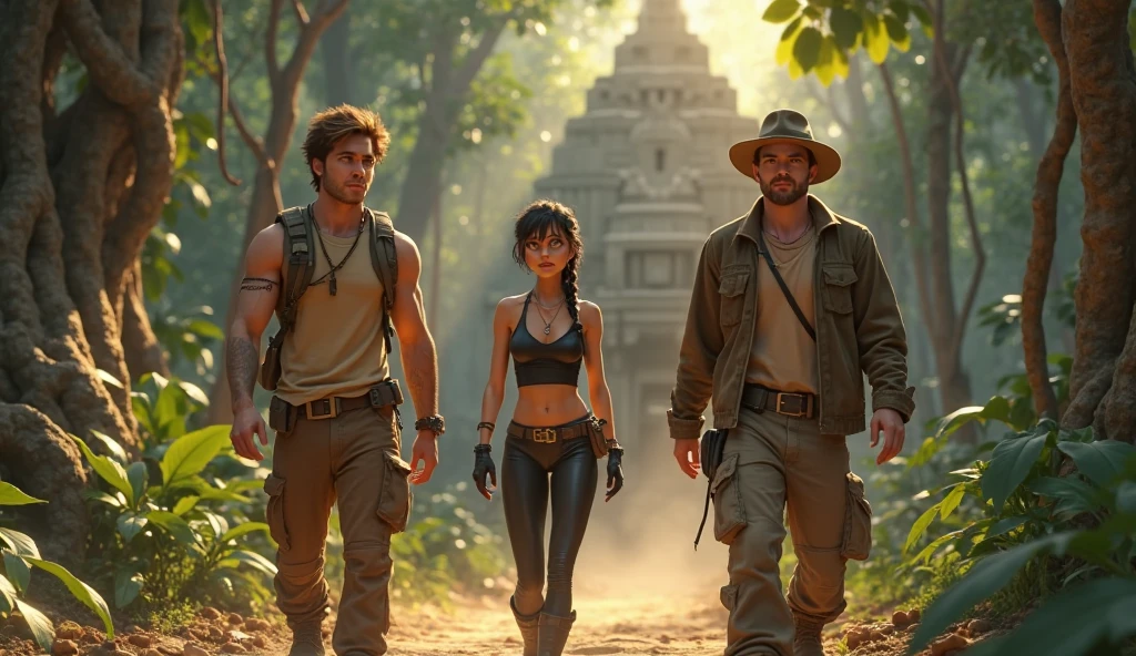 Lily (the archeologist) and Carlos (the local guide) teams up with Dante (the mercenaries' captain, a strang and bad man). The others mercenaries are seen behind them, with masks. A bigger scenario.