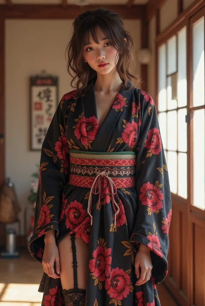 Beautiful woman，1 person，Kimono，modern girl，Wearing a kimono in a stylishly dishevelled way，whole body，Sitting，Facing forward，You can understand facial expressions
