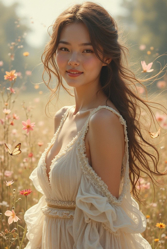 Best quality, masterpiece, ultra high res, (photorealistic:1.4), raw photo, 1girl, white dress, off shoulder, blossom flower field, glowing skin, light smile
