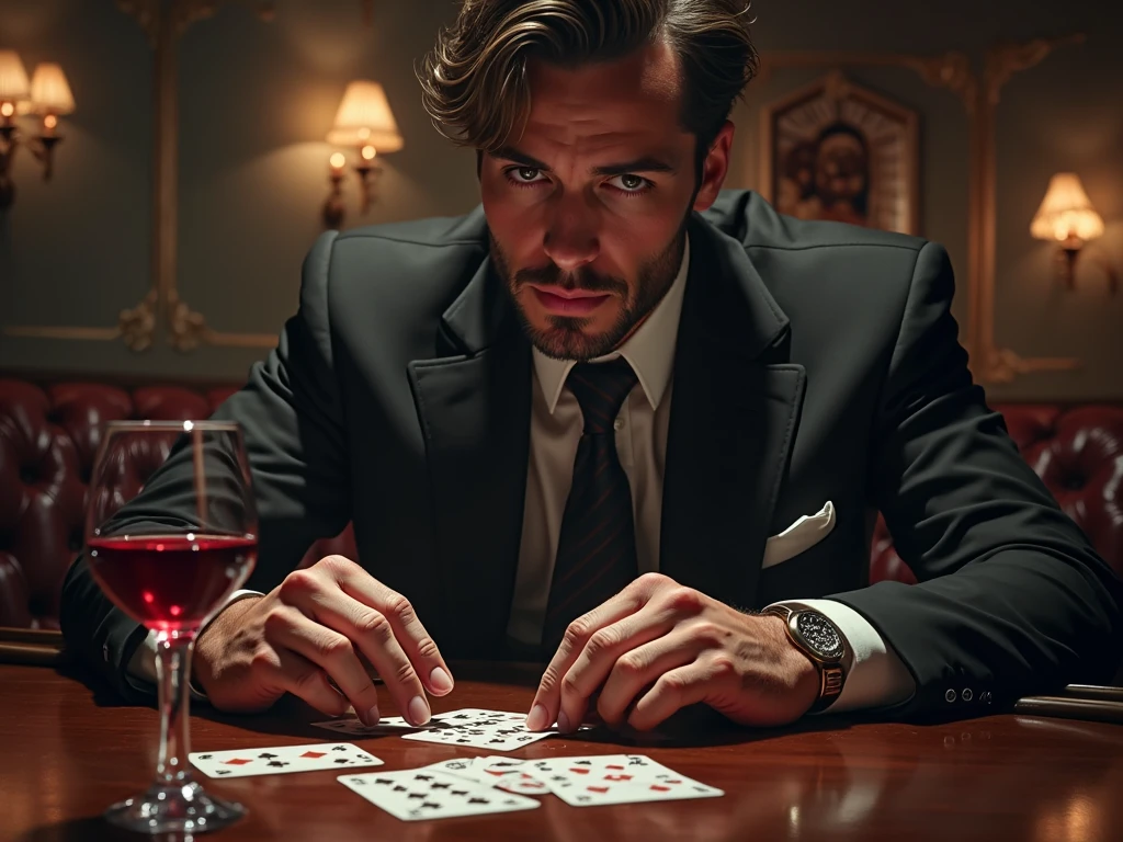 Create a high-definition image that captures the intense and confident essence of a poker player. | Picture a charismatic poker player wearing mirrored sunglasses that reveal the cards in his hand only through their reflection.. He's smiling confidently., exuding an air of cool composure and strategic brilliance. | The reflection in your sunglasses subtly shows your winning hand, adding an element of intrigue and mystery. | The background should evoke the atmosphere of a high-stakes poker game, with dim, focused lighting and a sleek design, casino inspired setting. | The composition should emphasize the poker player's confident expression and the skillfully hidden reflection of the cards in his sunglasses, creating a sense of tension and dominance.