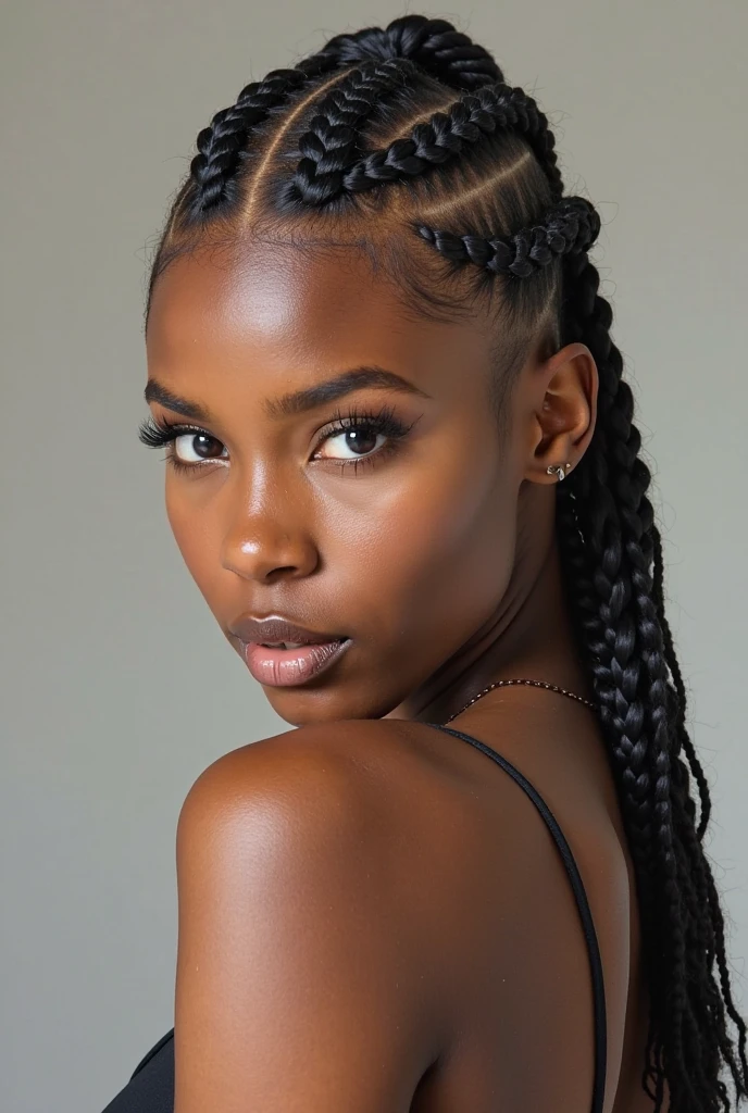analog style, realistic, award-winning photo,(symmetric highly detailed eyes, fantastic eyes, intricate eyes:1.1), detailed background, full body, wi angle, 20 year old girl,  African American, dark skin, bulky, dutch braid,  gigantic breasts, tiktok, beautiful, instagram