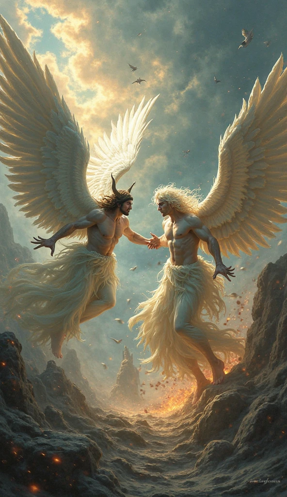 (best quality,4k,8k,highres,masterpiece:1.2),ultra-detailed,realistic,photorealistic:1.37,illustration,angels, carrying a long banner with texts "Azia - Avika",dramatic,falling,heaven,fire,darkness,feathers,contrast,intense,mythology,surrealism,elegance,holy light,vivid colors,detailed wings,ethereal,expressive,divine beings,hope,rays of light,chaos,majestic,apocalyptic,cosmic,powerful,grandeur,spectacular scenery,fiery abyss,heavenly beings,graceful,celestial beings,fierce,mythical creatures,demonic flames,luminous,ominous shadows,dramatic motion,mystical,angelic battle,dramatic composition,splendid,awe-inspiring,divine intervention,tragically beautiful,epic