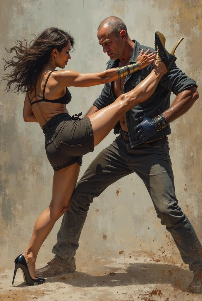 A woman defeating a man with a knee to the testicles 