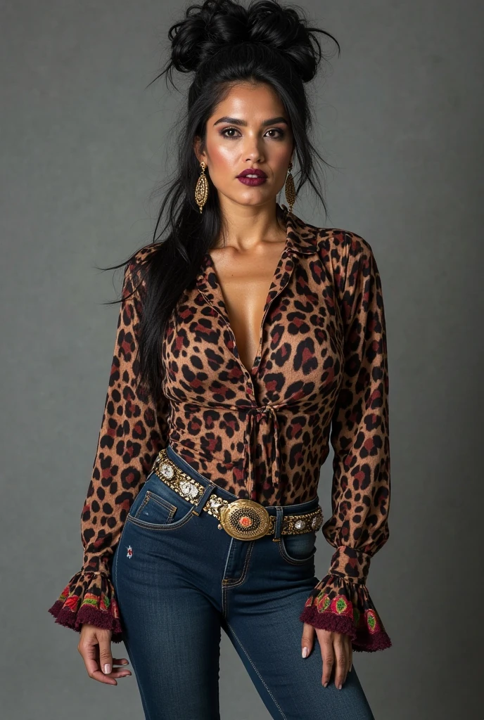 Jacqueline MacInnes Wood wearing leopard jacket and thong and smiling