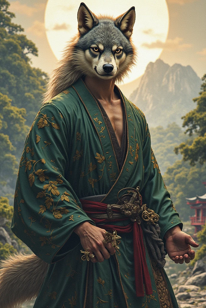 A muscular wolf wearing an open kimono