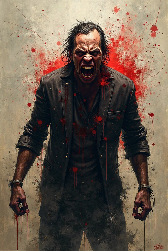 Create a poster of a rock band imitating a horror film with the killer on the cover.  the killer has an athletic body and his hands are full of blood, we can&#39;t see his eyes because there is a shadow ,but he seems mysterious the poster is 80s horror movie style designed in the colors of the poster are red,close and beige.