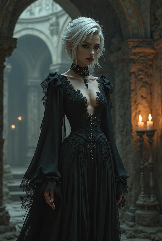 (Pure color: 0.9), (color: 1.1), (masterpiece: 1,2), Highest quality, masterpiece, High resolution, original, Highly detailed wallpaper, beauty, Gothic Dress, melancholy, Very large breasts, Sepia color, 30 years old, Accurate body structure, Two Arms, Five Fingers, Beautiful shiny blonde hair, blue eyes, Toned, muscular body, Glowing Skin,