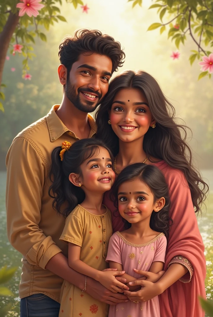 Photorealism A young south indian man with beard and a young south indian woman with their beautiful 1 year old baby girl , there is a photo of the couple on the wall behind which has devi & athul written on it , a cake on the table which says "happy birthday nandhooty" , add every detail without fail