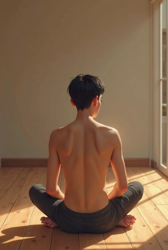 man with short and straight red hair, in a meditation pose with closed eyes and hands in prayer, wearing white pants and no shirt, showing defined abdominal muscles. The image should depict the entire body realistically in a meditation position within a completely white temple setting, featuring white flooring, white stone walls, a white ceiling, and white columns.