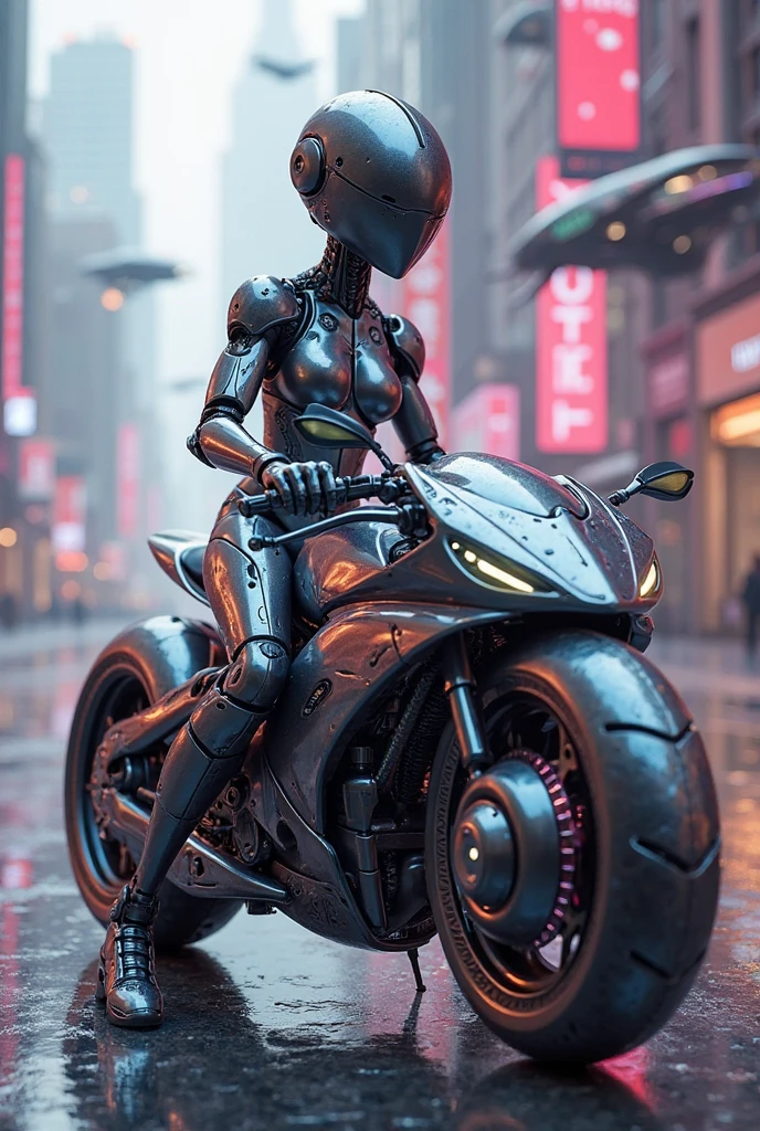 the street, the motorcycle, Female cyborg riding a high-tech motorcycle, best quality, high quality, absurdres, masterpiece, beautiful, intricate details, 1/2 body crop, slim body, beautiful figure, magnificent anatomy, (intricate details:1.12), HDR, (intricate details, hyper-detailing:1.15), (natural skin textures, hyper realisitc, soft light, Sharp:1.2)