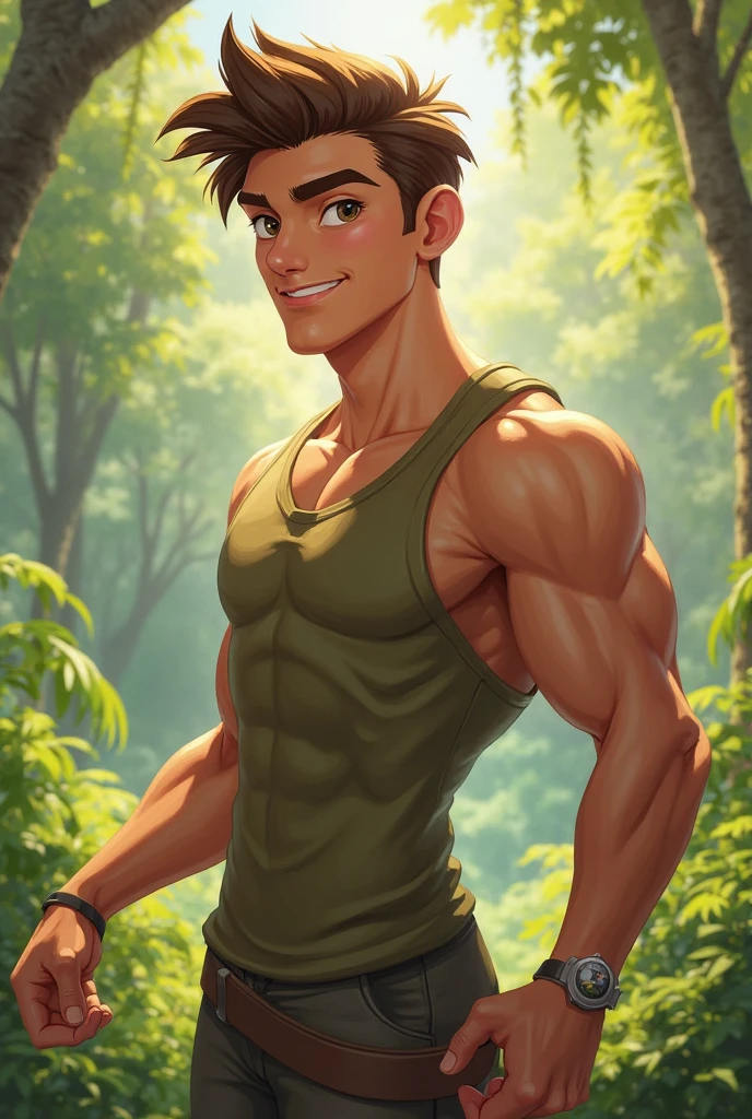 dipper_pines, crossed arms, muscular, stubble, goatee, baseball cap, shirtless, brown eyes, hairy chest, smile, looking at you, forest, daylight <lora:add_detail:1>, <lora:dipper_pines:0.65>