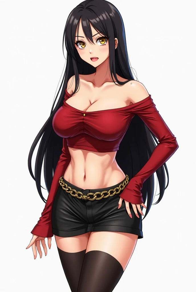 ultra realistic 8k cg, masterpiece, ((ultra detailed background, delicate pattern, intricate detail, highly detailed, fine details best quality, hyperdetailed face)), gigantic breasts ,beautiful lighting, absurdres, BoaHancockV2, 1girl, solo, black hair, long hair, jewelry, closed mouth, ), (white crop top, turtleneck, bare shoulders, red split skirt, underboob, earrings, blue eyes, complex detailed background, inside, luxury palace), ((cowboy shot)), curvy, gigantic breasts, seductive smile