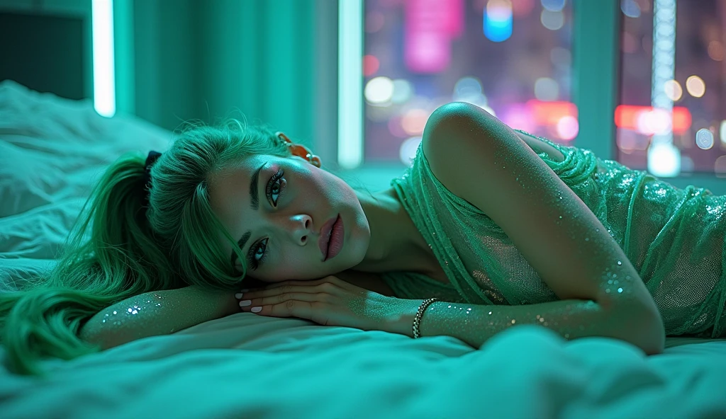 Highest quality, masterpiece, High resolution, 8k, (((She wore an oversized silk babydoll with a plunging neckline.、Cute and skinny、Barely Legal, wide neckline, Deep neckline, small and taut breasts, Beautiful attention to detail, Beautiful lip detail, Small closed mouth, Highly detailed face, Pale skin, Random long hairstyles, Small hips, Cyberpunk Apartment, Next to the bed))), Gloomy atmosphere, dramatic and Random Neon Colorss, Futuristic Setting, Intricate details, At night, Backlight, Random Neon Colors, Full Body Shot, A view from afar, Random Pause