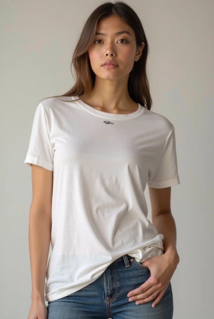 photo, rule of thirds, dramatic lighting, medium hair, detailed face, detailed nose, woman wearing oversized white t-shirts , full body, wearing joggers in legs, freckles, collar or choker, smirk, tattoo, intricate background