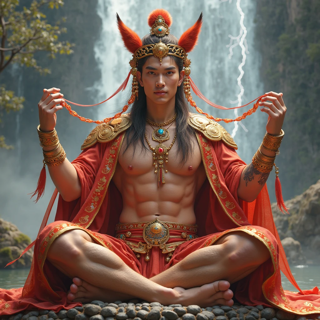 Realistic,Hot muscula Male concubine in the Han dynasty on his knees with legs spread apart, wearing ancient revealing Chinese dress with long hair and masculine features.Battle scars