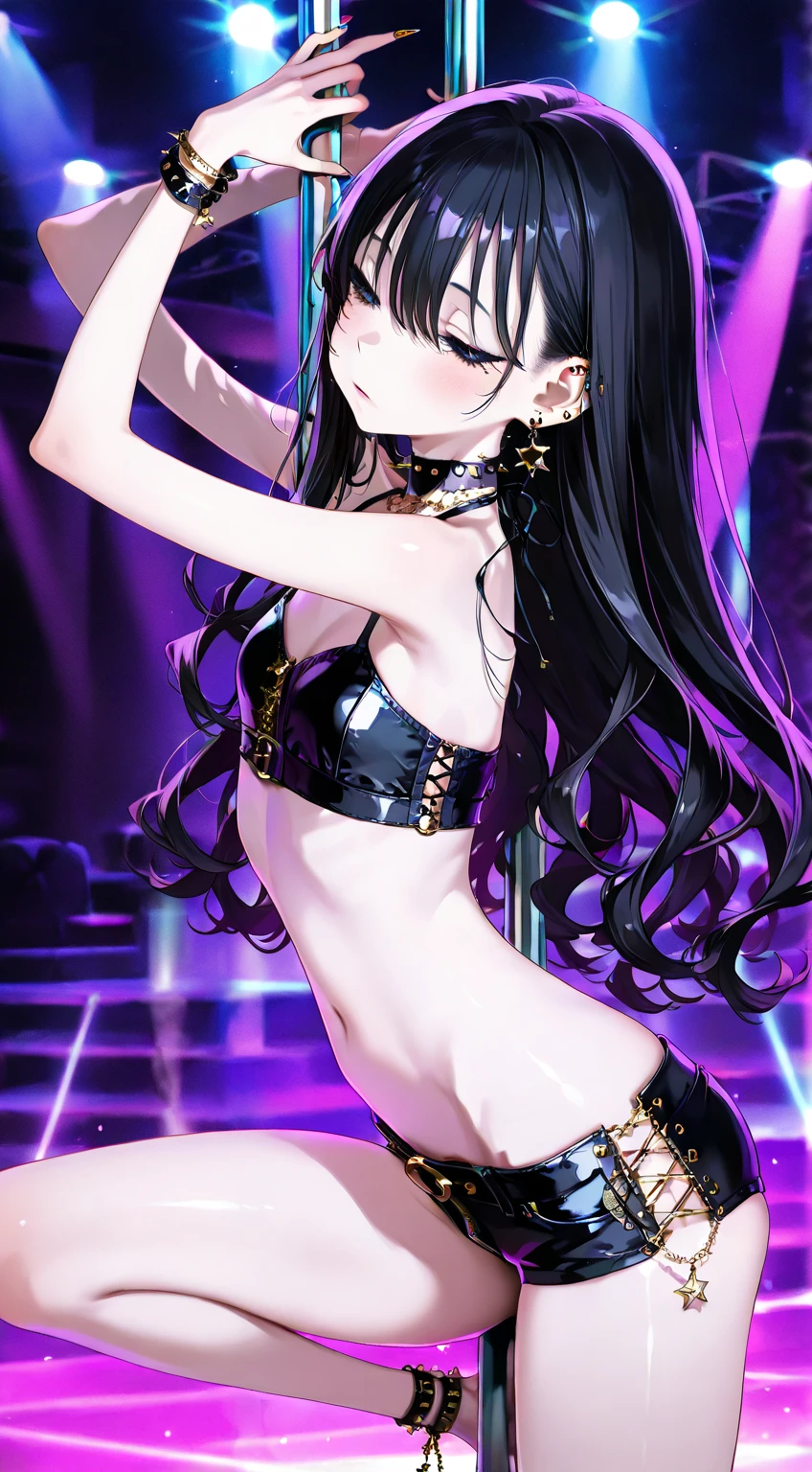 (A superb exquisite Chitanda Eru), (mature face), intricate details, (finely detailed beautiful eyes: 1.2), purple eyes, long black hair, natural straight hair, straight bangs, solo, [Small_breasts: large_breasts: 0.5], extremely delicate, peerless beautiful girl, dreamy quality, solid color, bright lips, slender waist, straight curves, soft lights and shadows, super fine, 8K HD, (masterpiece:1.4), (((sexy smile, singing, punk clothes, idol, rock, show dance)))