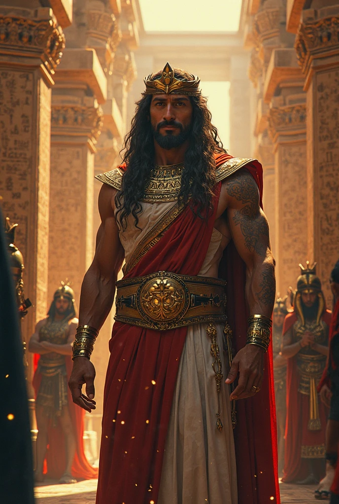 Joseph of Egypt, now dressed as a ruler, before the pharaoh, with the city of Egypt in the background. The scene is majestic, with vibrant colors and a sense of triumph.
