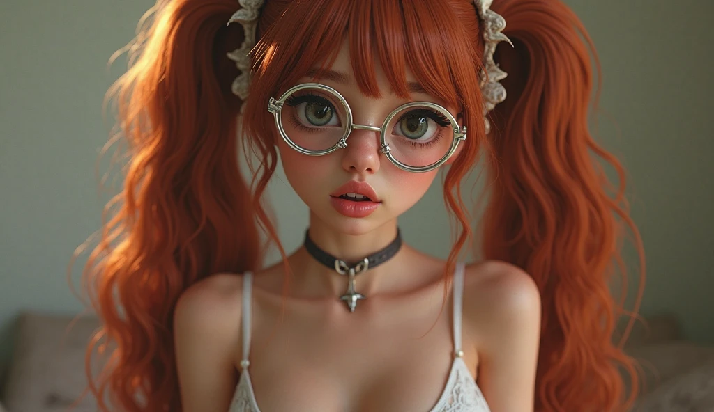 Slim anime doll with very large breasts with very short straight bangs and cherry red hair and black hair tips that has brown almost green eyes and golden glasses with sensual black lingerie and fishnet stockings