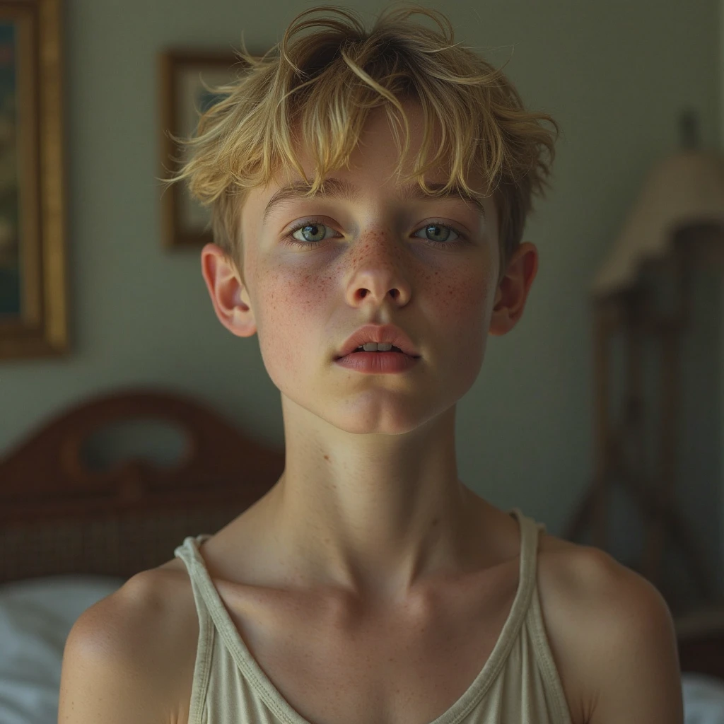 a beautiful boy, 16 years, rasgos Europeans, fine features, Brown hair, blue eyes, sad look, peaceful look, very sensible, very sad, naked, European, London, rain, Cold, winter, snow, Christmas, loneliness, melancholia, fire in the room, Chimney, pecho naked fuerte, shapely legs, big nipples, strong nipples.