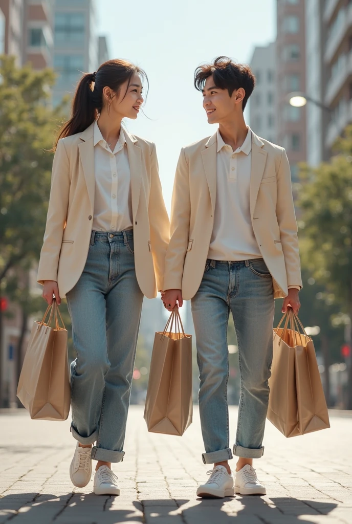 araffes man and woman walking down the street with shopping bags, people shopping, man and woman walking together, customers, in city street, stock photo, dressed with long fluent clothes, man, 🤬 🤮 💕 🎀, vibrant and dynamic, 😭🤮 💔, by david rubin, trending ,, trendy clothes, dressed with expensive clothes