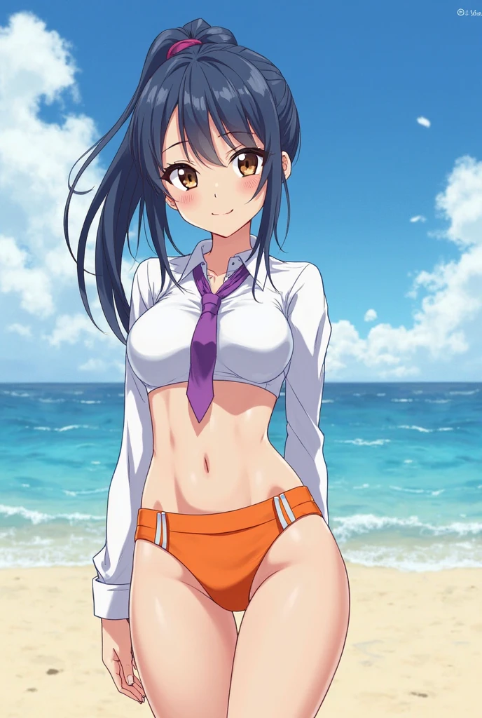 Menina anime com cabelo loiro longo e gravata azul em uma camisa branca, visual anime de uma menina bonito, menina anime loira com cabelo longo, sorriso alegre, menina bonita do anime high school, visual anime de uma jovem mulher, extremamente bonito rosto de menina anime, anime melhor garota, Menina do anime chamada Lucy, sorriso astuto, Retrato anime de Shiina Ringo completely naked no clothes on
