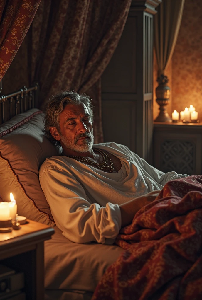 illustrates a 50 year old king bare-chested sleeping in bed