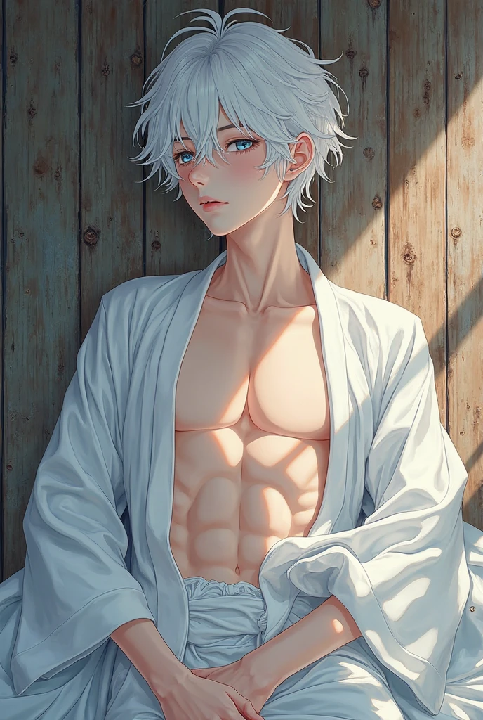 (absurdres, highres, ultra detailed, HDR), masterpiece, best quality, a boy, 10 yo, solo, handsome, short hair,spiky hair, white hair, blue eye, finely eye and detailed face, real shadow, topless, full body, white towel around his waist, home style muji, on bathtub, mood alone