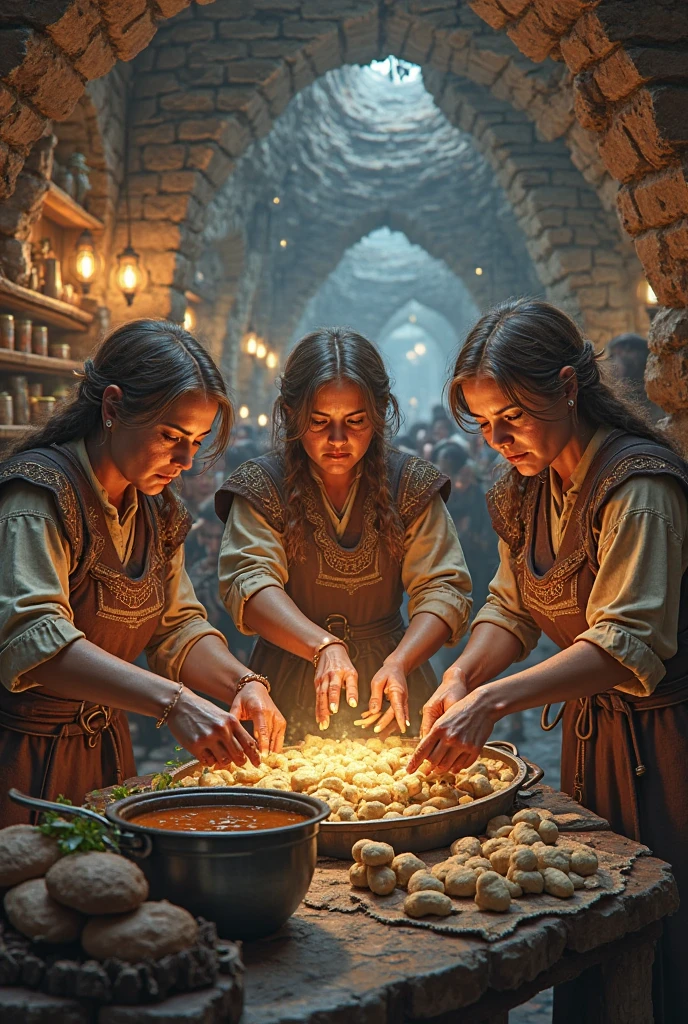 Lughnasadh communal baking, large ovens built from stone and clay, realism with a warm, earthy feel, villagers kneading dough, shaping loaves, and baking them in the communal ovens, the smell of fresh bread filling the air, Lugh overseeing the process, his golden aura adding warmth to the scene, Harvest Fey offering tiny bundles of herbs to flavor the bread, atmosphere of cooperation, sustenance, and the joy of sharing food, the golden fields in the distance glowing under the midday sun.,
in the style of a Lughnasadh-inspired scene with a lush, late summer early autumn landscape, bucolic beauty and mysterious rituals of the pagan sabbat, infused with sensuality and a hint of eerie allure, retro 70s vibe