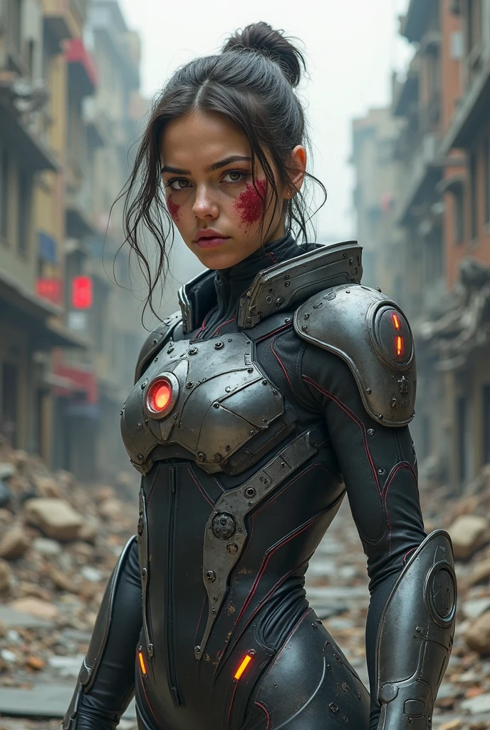 ninaD1, ((best quality)), ((masterpiece)), (detailed), Midjourney Style, close-up, woman, robot, red eyes, concept art, inspired by Marek Okon, digital art, Crysis Nanosuit, futuristic, (glowing elements:1.1), 4:3 aspect ratio, dynamic duo