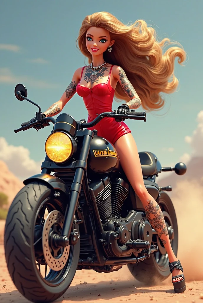 Full view 8k wearing shorts, short pink top low cut riding on a Full view a beautiful motorbike with a white wolf and teal and silver flames on it numberplate saying SAPPHIRE on it with the sapphire gem either side into the sunset
