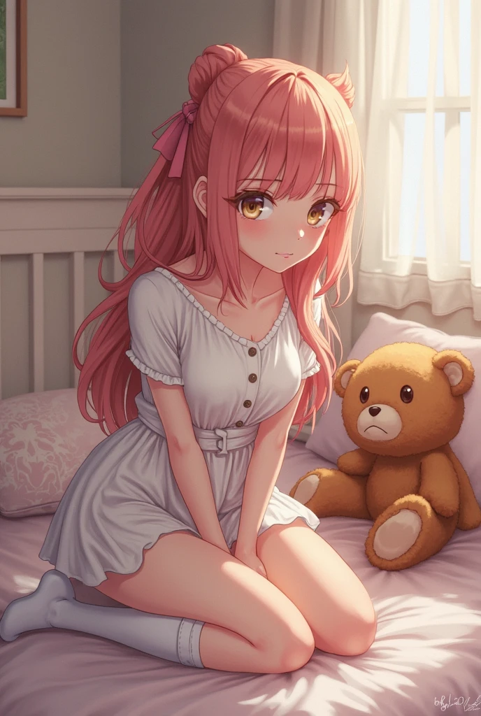 masterpiece,highest quality,(alone:1.3),One girl,(We say:1.2),(whole body:1.2),Kneel,Leaning forward,Bent over,(low_length_hair:1.3),(lowツインテール:1.2), dress, ribbons,hair ribbon,very length hair,hair ornament,hair flower, smile, View your viewers, Pink hat,Red eyes,Symbol-shaped pupil, 前hair, blush, blunt 前hair, , jewelry, ribbon, compensate,eyelash, necklace, wavy hair,(White knee socks,Thighs:1.2),indoor, Messy room, window,sweet,Girl&#39;s Room,Pink Theme,Painting \(Moderate\),teddy bear, stuffed toy, Fully equipped interior,Bedroom,(((Otaku room)))、All Nude