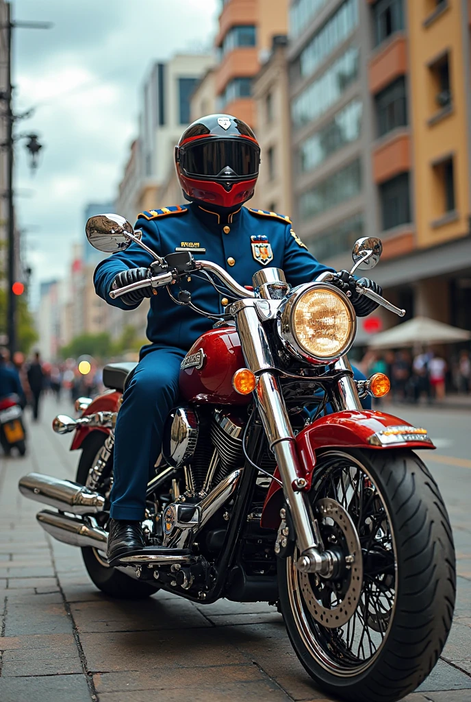 Make me a very fat white man who is dressed in a security guard uniform and who is on a motorcycle with his helmet on , and that the name of Geova Samaniego is visible and that he has the gay flag on the motorcycle