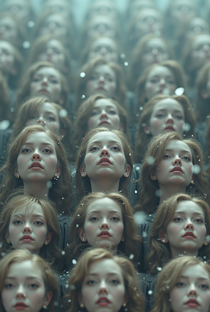 Three women in swimsuits standing in front of a mirror, Elle Fanning as an Android, Surreal Symmetry 8k, Inspired by Vanessa Beecroft, Westworld Style, highly detailed vfx portrait, humanoid woman, Ultra-realistic VFX rendering, hyper - realistic vfx render, Highly detailed surreal VFX, Westworld cinematic stills, Ultra-Realistic CGI