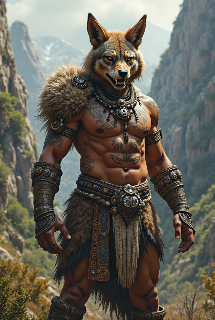 Manages a warrior with tribal tattoos, gray wolf mask, leather clothing, aggressive