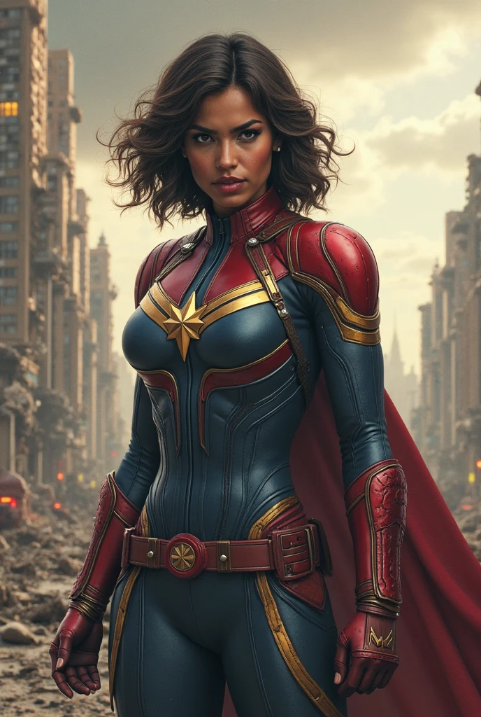 Pretty Caucasian (female), Sarah Shahi, a slim but muscular body, huge breasts, blue eyes, ((bright red lipstick)), ((seductive smile)) ((big bright blue eyes looking towards the viewer)) ((very short trimmed boy cut hairstyle, dark brown hair,)) ((big breasts:1.6)) ((slender body:1.3)) (wearing captain marvel costume, [[[ultra micro miniskirt, very very very micro miniskirt exposing full lengthy thick thighs]]], )) ((in battle ground)) ((high definition:1.5), ((pale lights)) ((masterpiece:1.5))