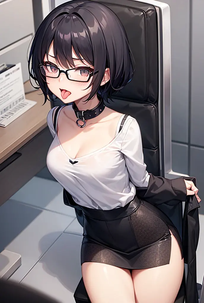 masterpiece, best quality, high definition images, atmospheric perspective, expressive eyes, perfect face, ultra detailed, solo, 1mature seductive woman lying down in a carelessly sprawled on desk, alluring pose, black short bob hair, simple glasses, business suit, vest, blouse, large breasts, pencil skirt, tight mini skirt, spread legs, panties, curvy, thighs, pantyhose, high heals, calm smile, in office,