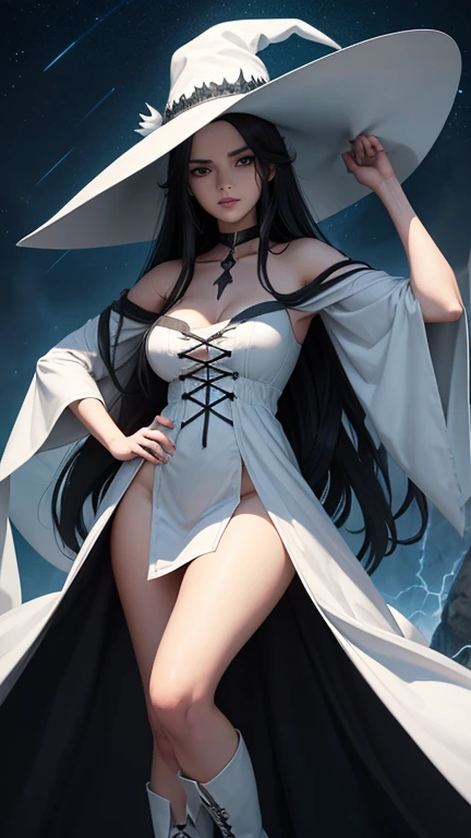Sexy beautiful woman with a perfectly proportioned face, realistic facial expression, long black hair, light blue eyes, pale skin, wearing a orange black robe with intricate decorations, witch, confident expression (dynamic Angle, dazzling blue eyes, delicate necklace, charming smile), (magic mystical background, fireflies, glowing blue particles, ethereal fog, faint darkness), high saturation, movie light, edge light, best shadow