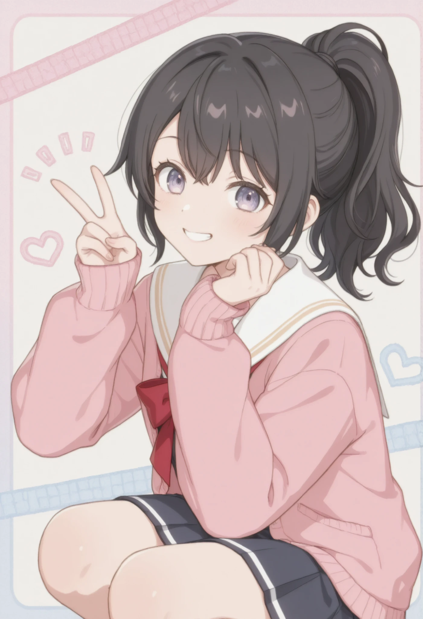 anime-style full-body illustration of a cute girl with medium-length black hair tied in a ponytail, slightly messy ends, wearing a classic Japanese school uniform with a cozy cardigan, squatting down and making a peace sign with one hand, smiling brightly with a cheerful and friendly expression, soft pastel color palette, very rough and hand-drawn line art style, minimalistic or slightly playful background, clean and bright, highly stylized, lively and charming atmosphere