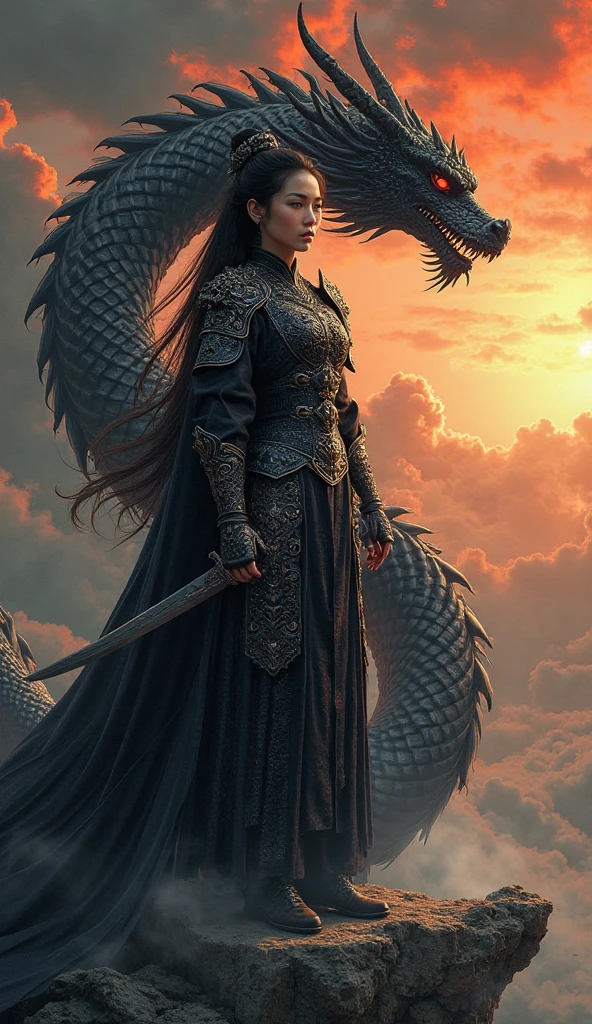 An exquisite, detailed pencil sketch of a fierce female warrior adorned in magnificent dragon scale armor. The intricate design of the armormirrors the texture of a dragon's hide, showcasing the artist's exceptional skill. The warrior's long, wavy hair flows gracefully down her back, while her fierce and confident expression conveys her inner strength. The background features a majestic Eastern-inspired dragon, still in the process of being sketched, adding a mystical and powerful atmosphere to the scene. This captivating image radiates ancient wisdom and strength, truly a masterpiece of artistic talent., 3d render, cinematic, poster, photo, anime, vibrant, fashion, painting, illustration, dark fantasyLess