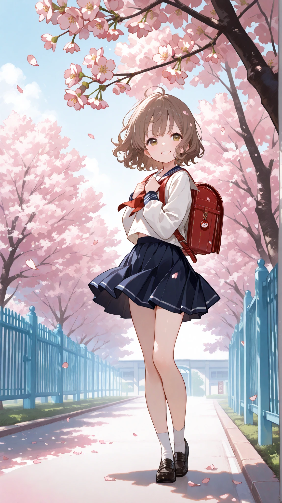 (masterpiece, Highest Quality, fully completed、Illustrations、4K : 1.4),from front、anime style, full body image、1girl, , elementary school student, short, petite body, short hair, wavy hair, Brownish hair color, elementary school uniform, in front of the school gate of an elementary school in Japan, cherry tree in the corner of the schoolyard, cherry blossoms are in full bloom, Cherry blossom petals dancing in the wind, Standing next to the school gate, smiles,carrying a backpack