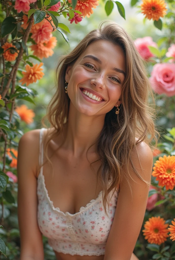 wearing a pink dress、Smiling woman with flowers in background, Woman in the flowers, beautiful and smiling, There are flowers, cute women, With a beautiful smile, with an elegant smile, adorable smile, beauty campaign, cute women, Enchanted smile, she expressing joy, laying on roses, dramatic smile pose complex, The beautiful, with a seductive smile, Happy girl, Valentine&#39;s Day Shuffle